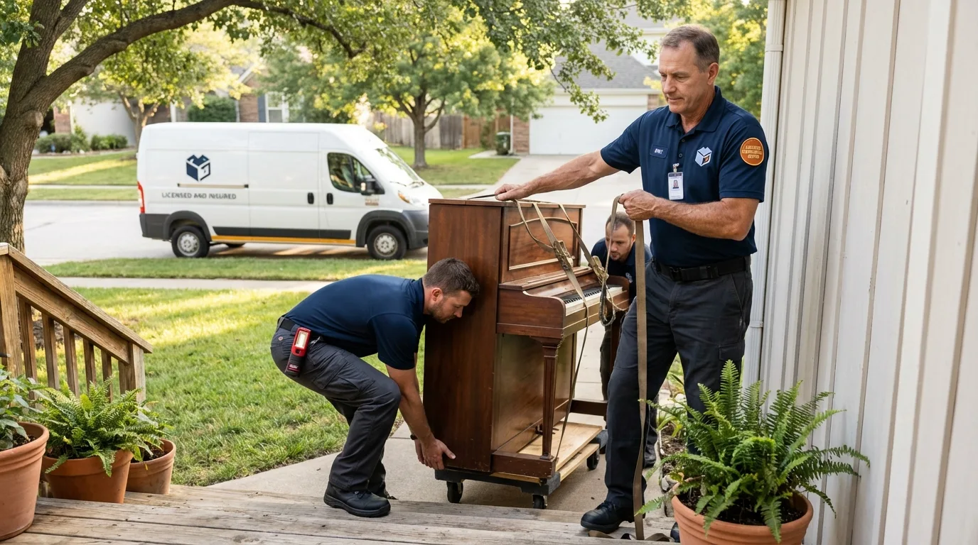 Licensed piano movers securing grand piano in Lakemore, OH