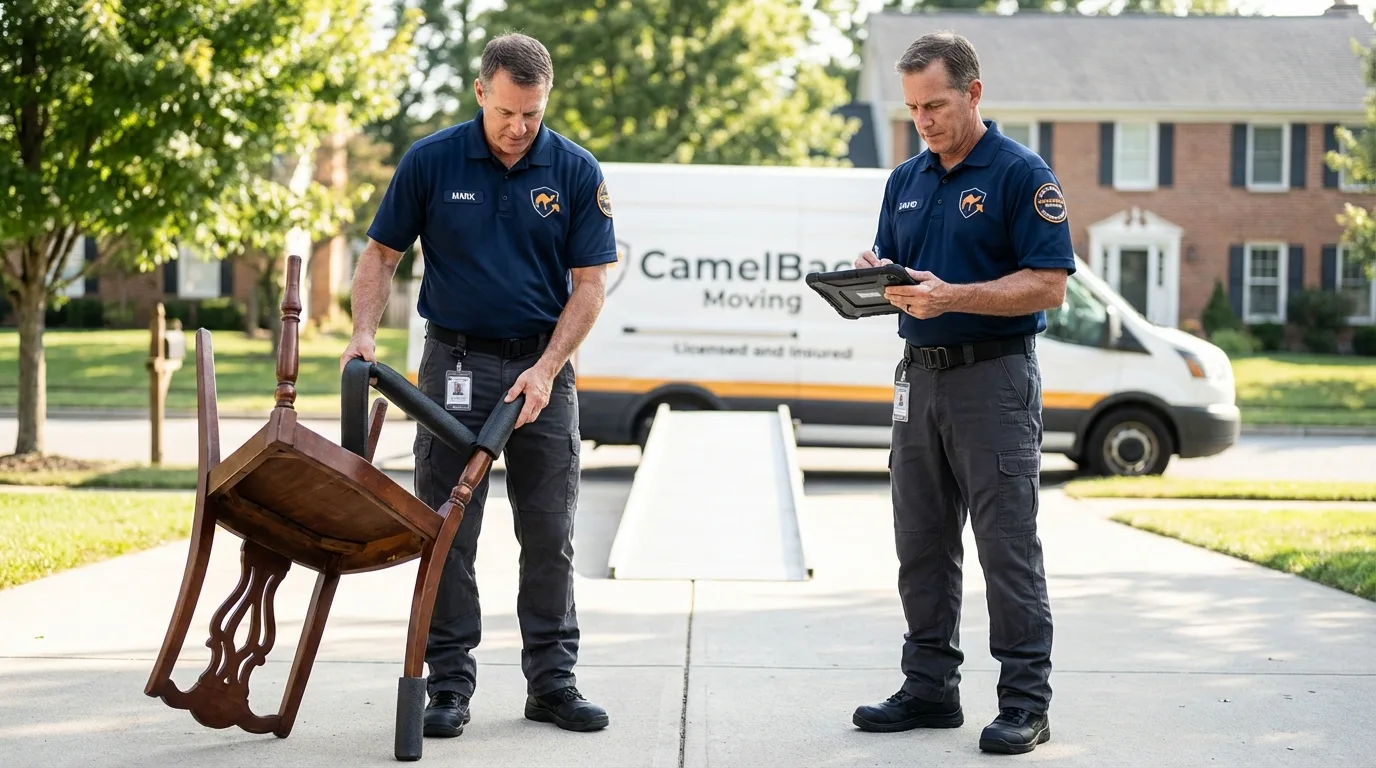 Movers inspecting furniture for damage prevention before loading in Lakemore, OH