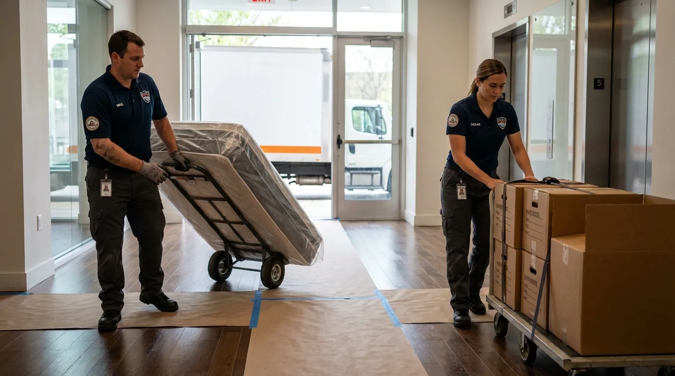 Professional apartment movers loading elevator in Lakemore, OH