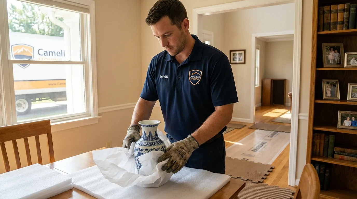 Professional crew carefully wrapping antique vase for senior downsizing move in Lakemore, OH