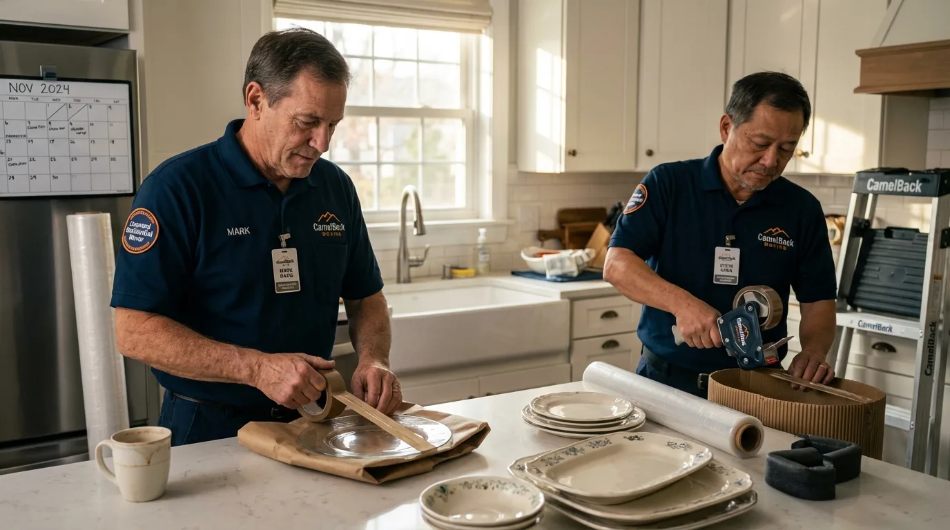 Professional crew packing kitchen dishware in Lakemore, OH